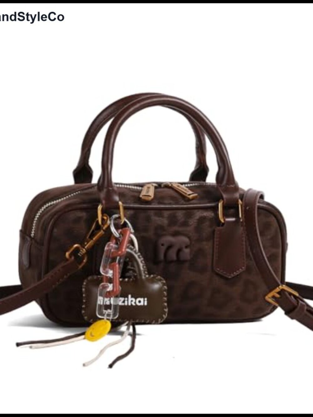 Faux Leather Leopard Print Mini Boston Bag Shoulder Handbag with Bear Charm